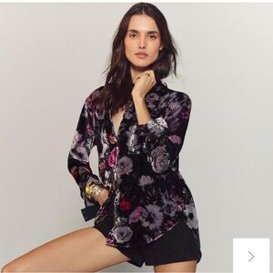 Anthropologie Black Floral Velvet Button-Down Blouse